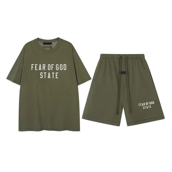 Fear of God Essentials Olive Green Graphic T-Shirt and Shorts Set - 1