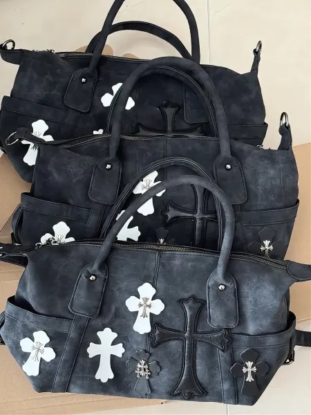 Chrome Hearts Inspired Cross Motif Distressed Black Boston Bag - 13