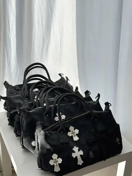 Chrome Hearts Inspired Cross Motif Distressed Black Boston Bag - 7