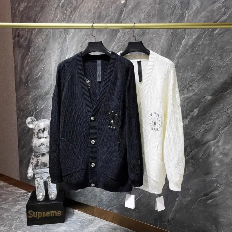 Metal Button Chest Leather Patch Embroidered Cardigan