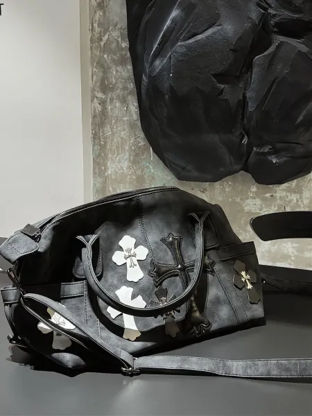 Chrome Hearts Inspired Cross Motif Distressed Black Boston Bag - 11