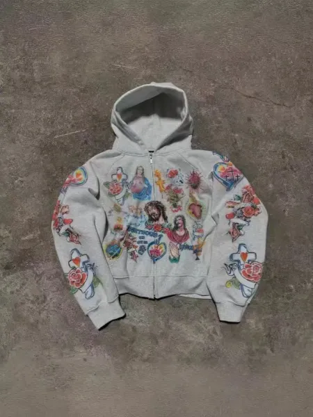 Design Religious Tattoo Print Gray Zip-Up Hoodie - 3