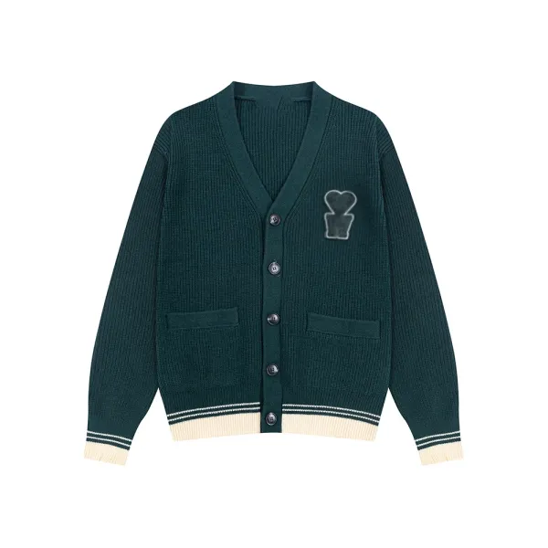 Play Comme des Garçons Heart Logo Ribbed Cardigan Dark Green - 1