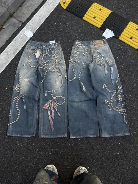 Acne Studios Wide-Leg Distressed Jeans Black Wash - 17