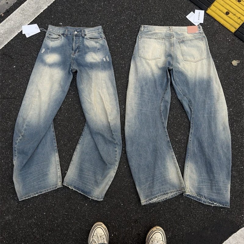 Wide-Leg Distressed Washed Denim Jeans
