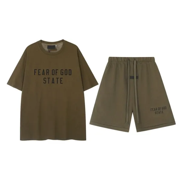 Fear of God Essentials Olive Green Logo T-Shirt and Shorts Set - 1