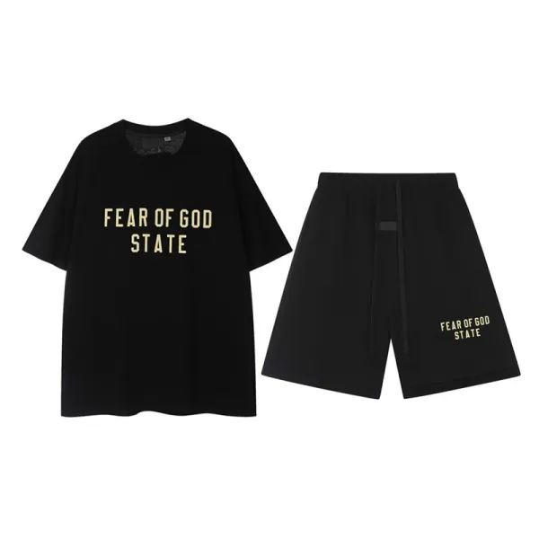 Fear of God Essentials Black Gold Logo T-Shirt and Shorts Set - 1