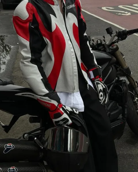 Kusikohc Flame Motif Leather Jacket Red Black White - 19