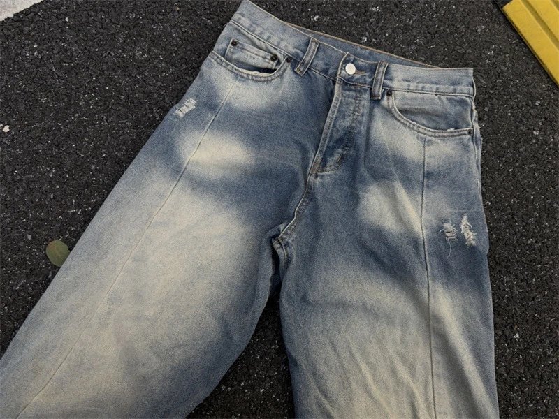 Design Wide-Leg Distressed Washed Denim Jeans - 10
