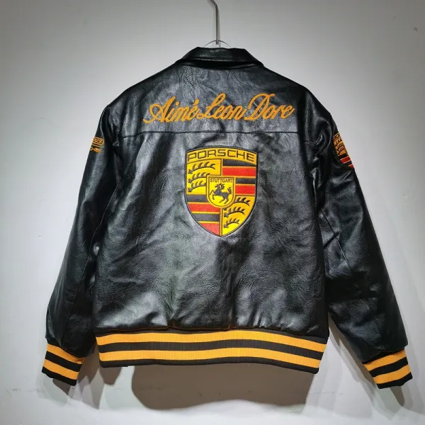 Porsche x Aimé Leon Dore Leather Jacket Black with Yellow and Red Accents - 1