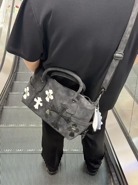 Chrome Hearts Inspired Cross Motif Distressed Black Boston Bag - 14
