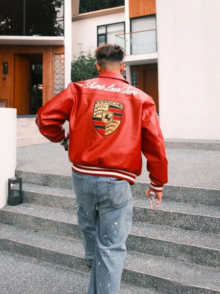 Aimé Leon Dore x Porsche Leather Racing Jacket Red - 16