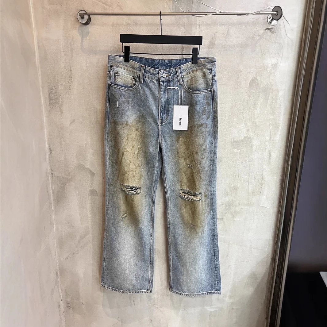 Distressed Mud-Dyed Denim Straight Jeans