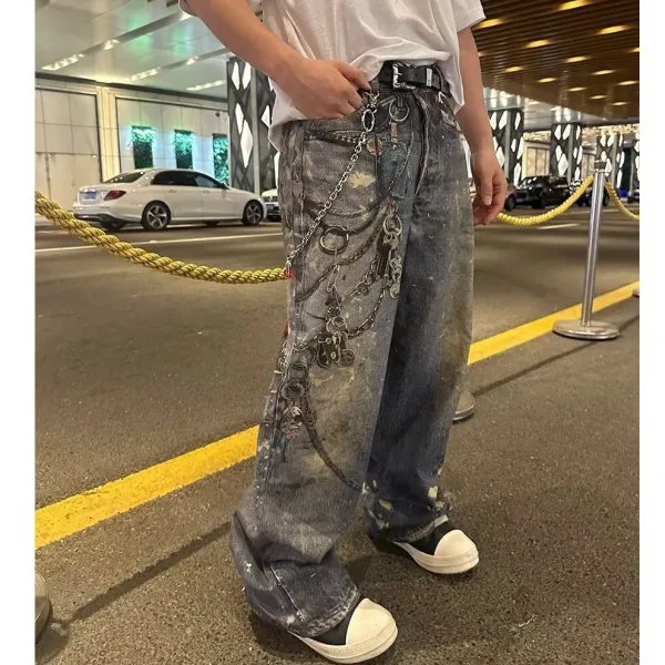 Off-White Industrial Chain-Decorated Distressed Wide-Leg Jeans - 1