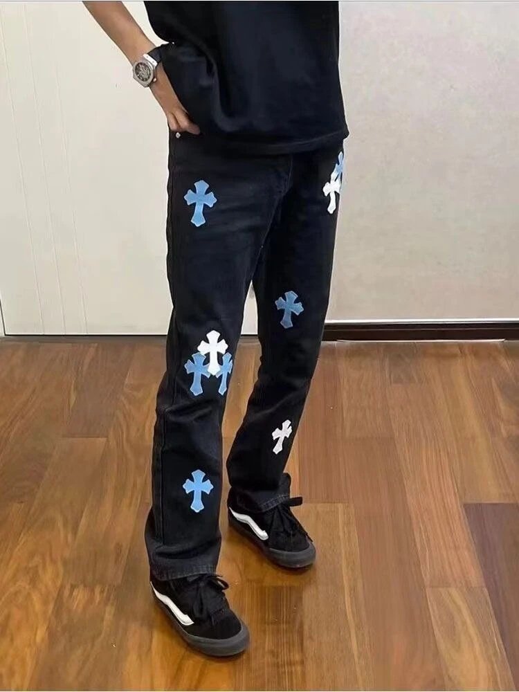 Corteiz Cross Logo Embroidered Black Denim Jeans - 7
