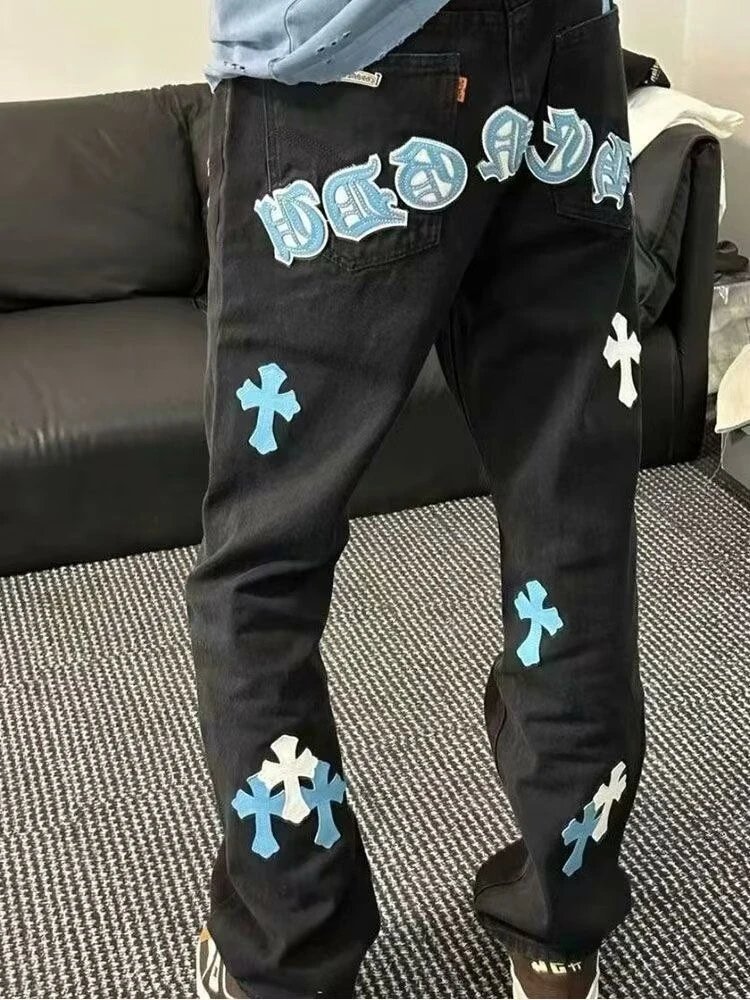 Corteiz Cross Logo Embroidered Black Denim Jeans - 8