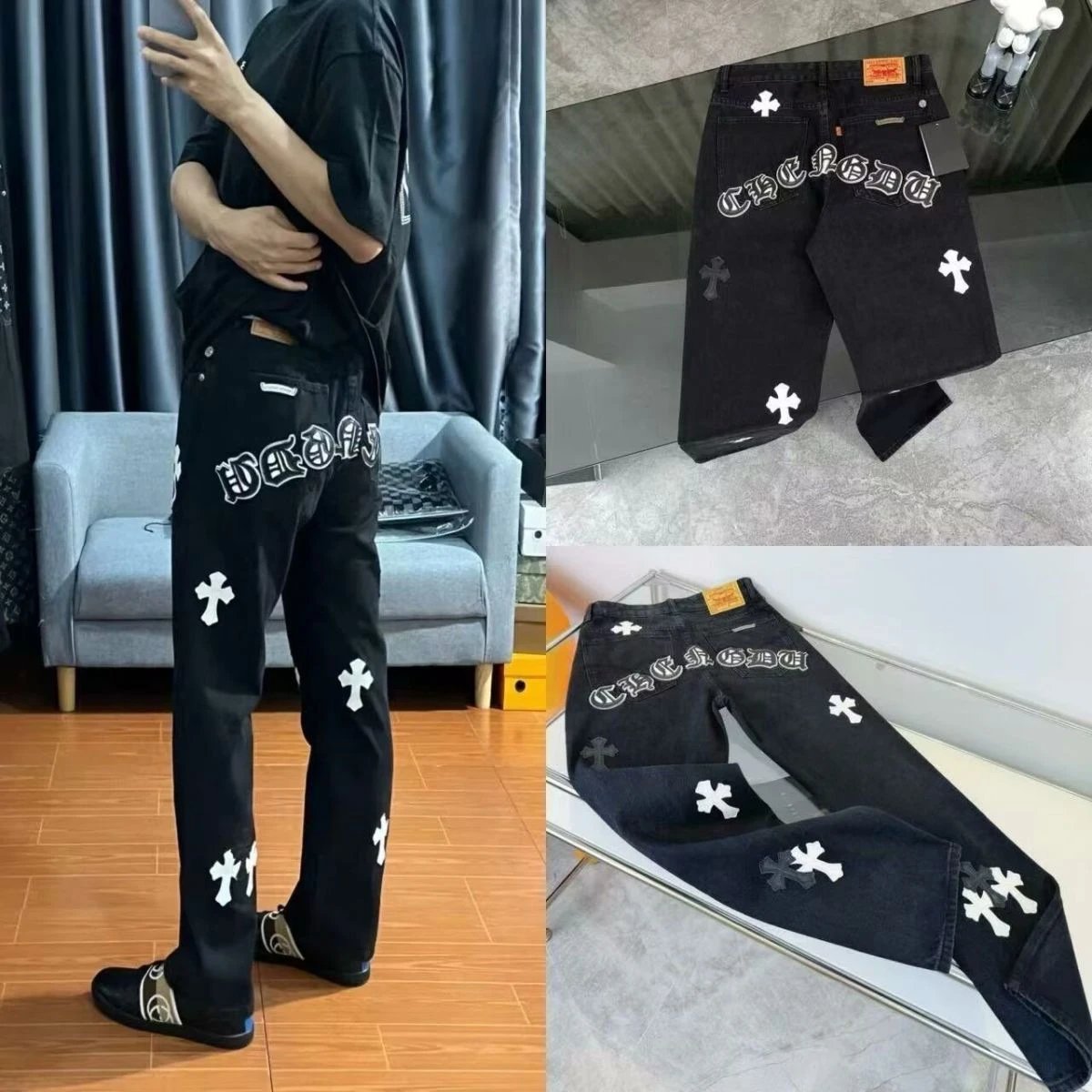 Corteiz Cross Logo Embroidered Black Denim Jeans - 14