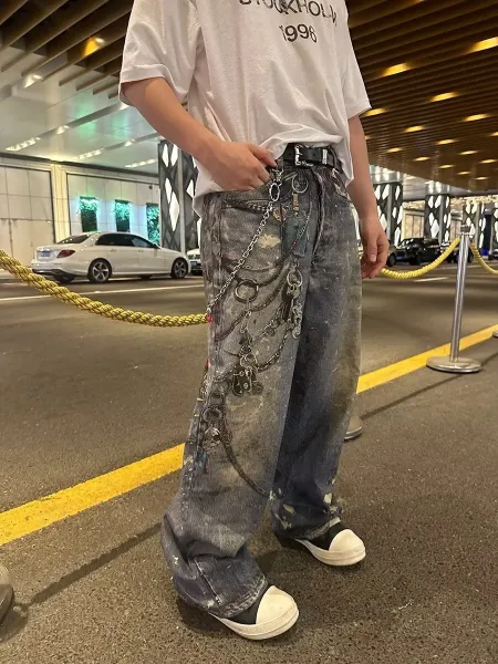 Off-White Industrial Chain-Decorated Distressed Wide-Leg Jeans - 7