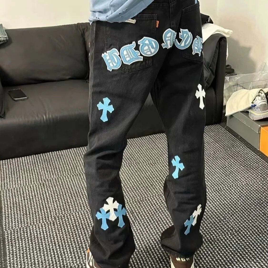 Corteiz Cross Logo Embroidered Black Denim Jeans - 6