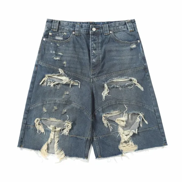 Design Distressed Wide-Leg Denim Shorts Blue - 1