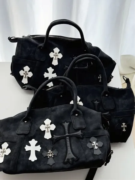 Chrome Hearts Inspired Cross Motif Distressed Black Boston Bag - 4