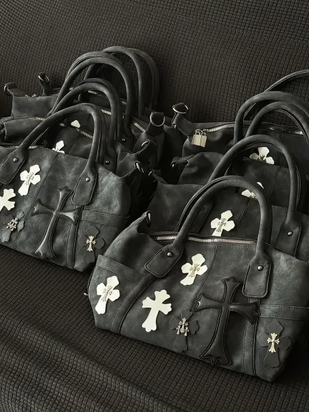 Chrome Hearts Inspired Cross Motif Distressed Black Boston Bag - 15