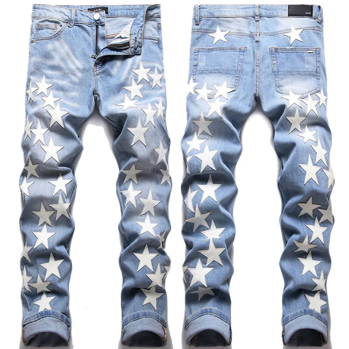 Embroidered Star Leather Patch Jeans