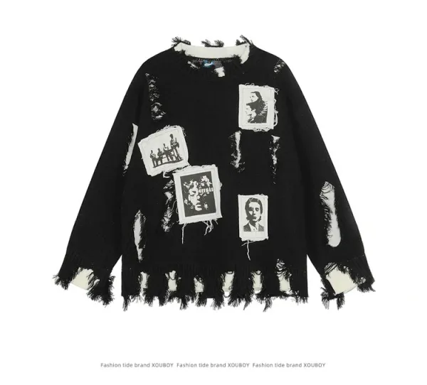 Off-White Distressed Photo-Patch Knit Sweater Black - 7