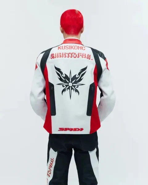 Kusikohc Flame Motif Leather Jacket Red Black White - 10