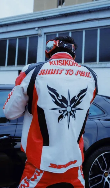 Kusikohc Flame Motif Leather Jacket Red Black White - 6