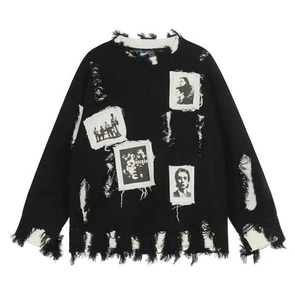 Off-White Distressed Photo-Patch Knit Sweater Black - 1