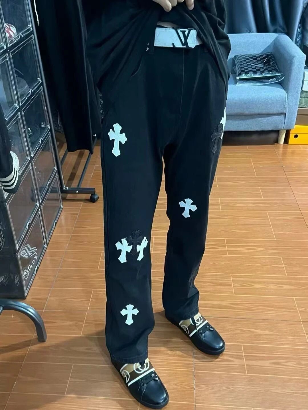 Corteiz Cross Logo Embroidered Black Denim Jeans - 9
