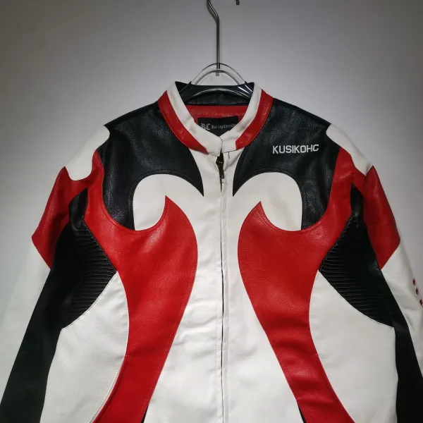Kusikohc Flame Motif Leather Jacket Red Black White - 25