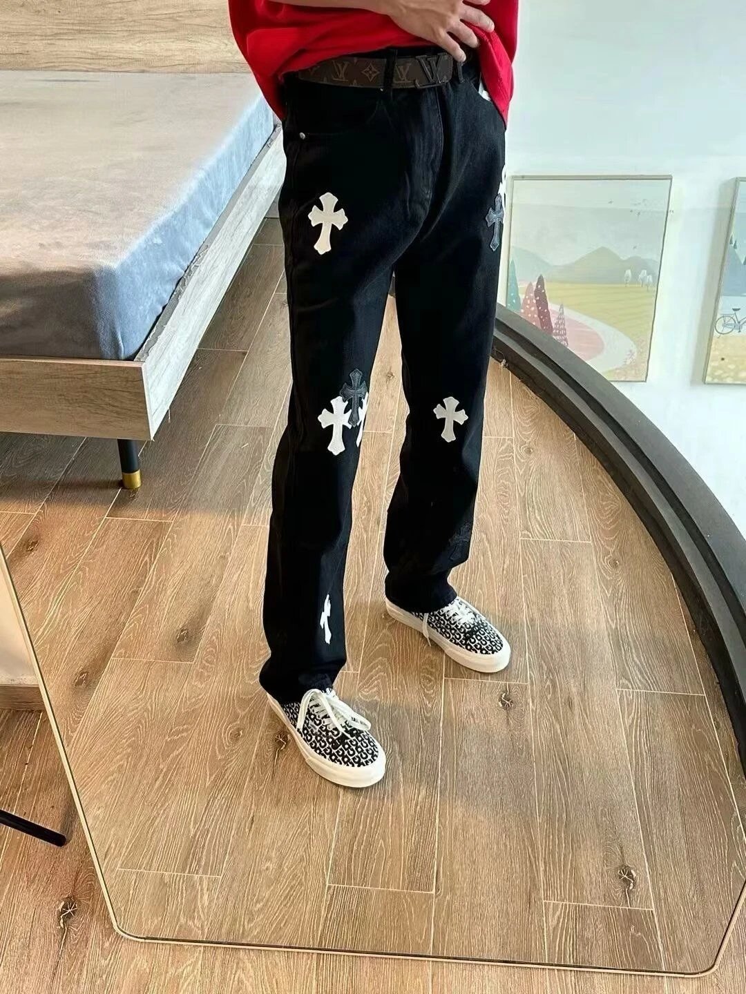 Corteiz Cross Logo Embroidered Black Denim Jeans - 12