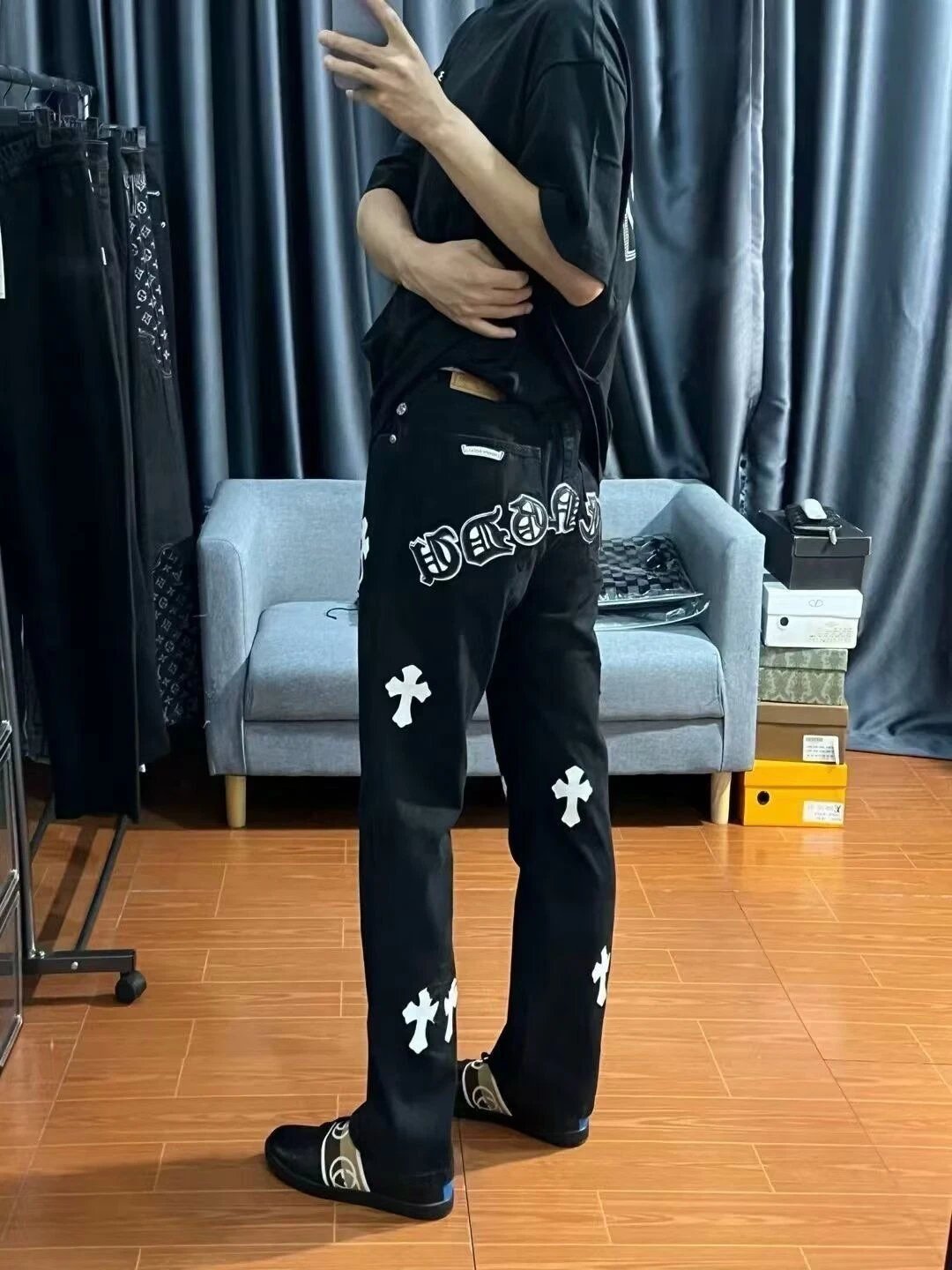 Corteiz Cross Logo Embroidered Black Denim Jeans - 16