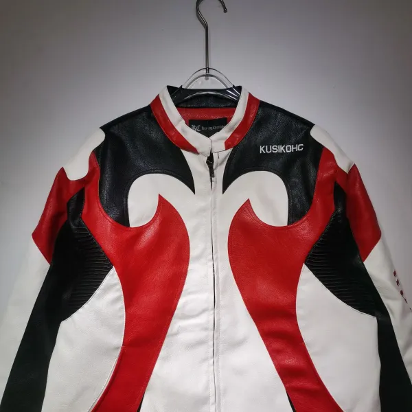 Kusikohc Flame Motif Leather Jacket Red Black White - 26