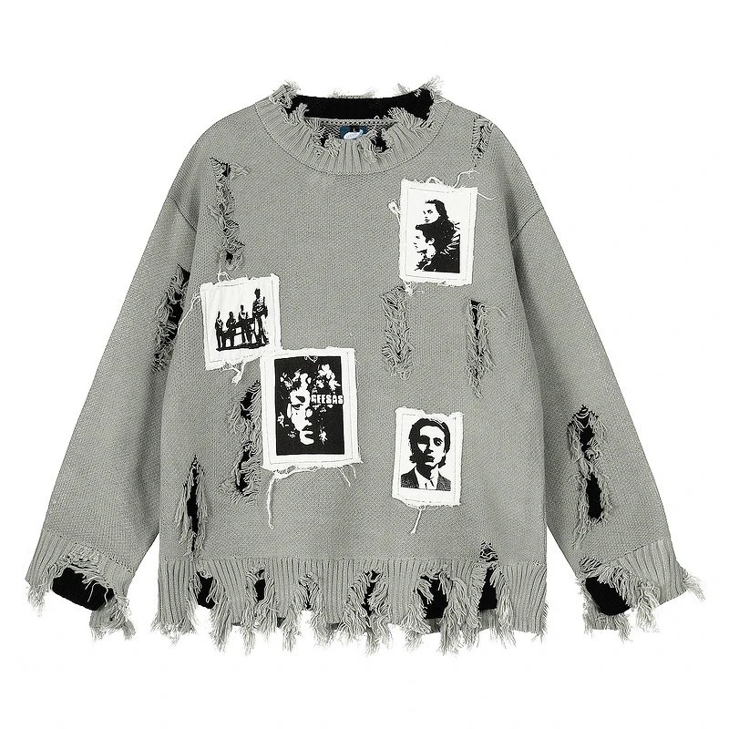 Distressed Photo-Patch Knit Sweater Gray - 1