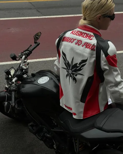Kusikohc Flame Motif Leather Jacket Red Black White - 18