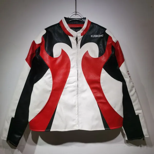 Kusikohc Flame Motif Leather Jacket Red Black White - 27