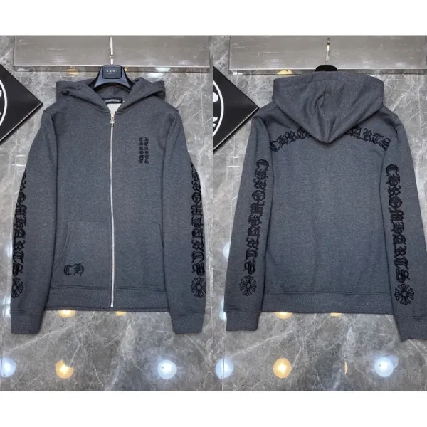 Chrome Hearts Zip-Up Hoodie Gray Embroidered Sleeve - 1