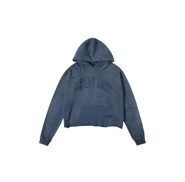 Saint Laurent Distressed Cropped Hoodie Navy - 1