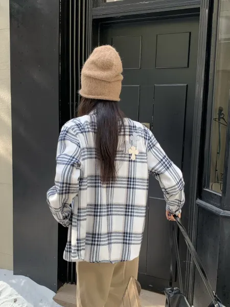 Chrome Hearts x Unknown Brand Plaid Shirt with Cross Appliqués Beige/Navy Shirt - 6