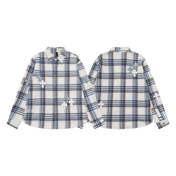 Chrome Hearts x Unknown Brand Plaid Shirt with Cross Appliqués Beige/Navy Shirt - 3