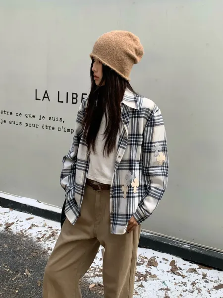 Chrome Hearts x Unknown Brand Plaid Shirt with Cross Appliqués Beige/Navy Shirt - 7