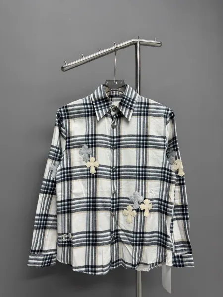 Chrome Hearts x Unknown Brand Plaid Shirt with Cross Appliqués Beige/Navy Shirt - 4