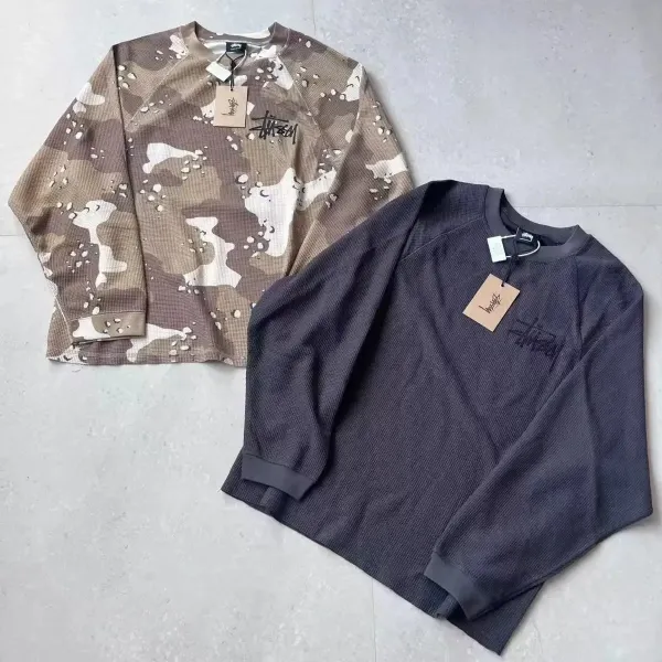Stüssy Waffle Knit Long Sleeve Tee Desert Camo and Charcoal - 1