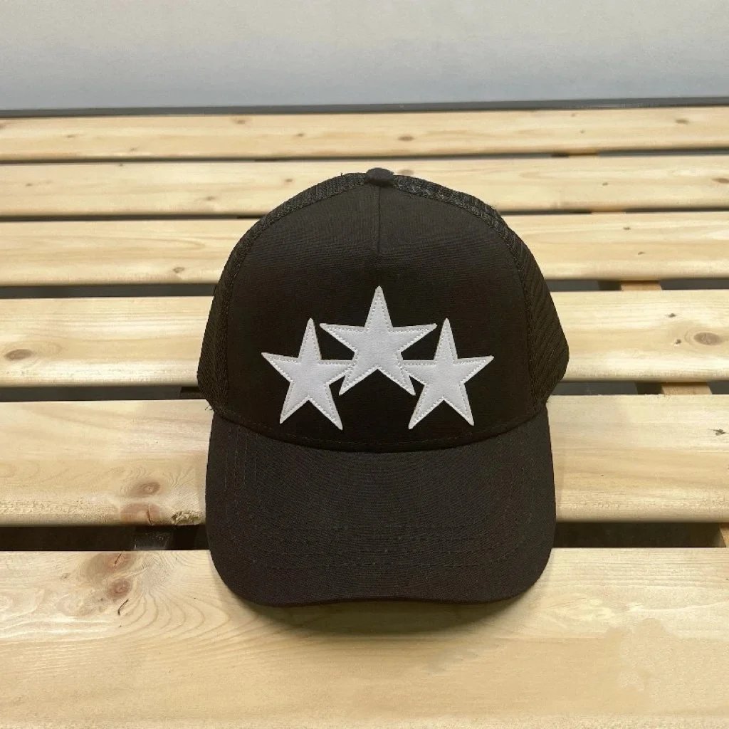 Three Stars Embroidered Black Mesh Trucker Cap - 1