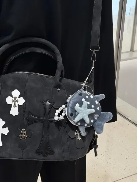 Chrome Hearts Inspired Cross Motif Distressed Black Boston Bag - 6