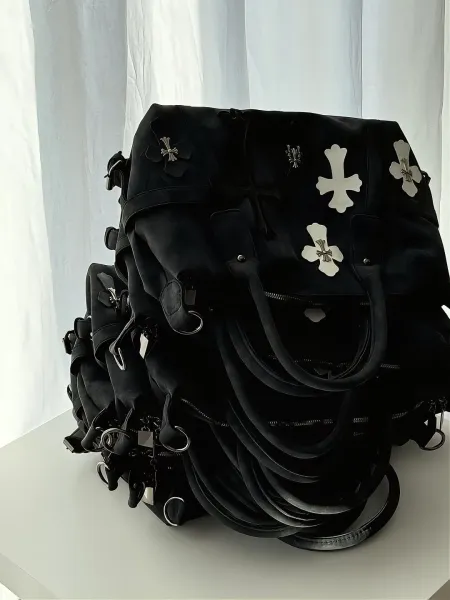 Chrome Hearts Inspired Cross Motif Distressed Black Boston Bag - 9