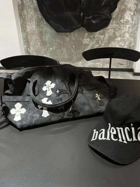 Chrome Hearts Inspired Cross Motif Distressed Black Boston Bag - 12
